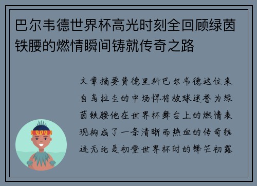 巴尔韦德世界杯高光时刻全回顾绿茵铁腰的燃情瞬间铸就传奇之路